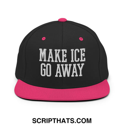 Black snapback cap with vibrant pink brim and button featuring white embroidered text make ice go away