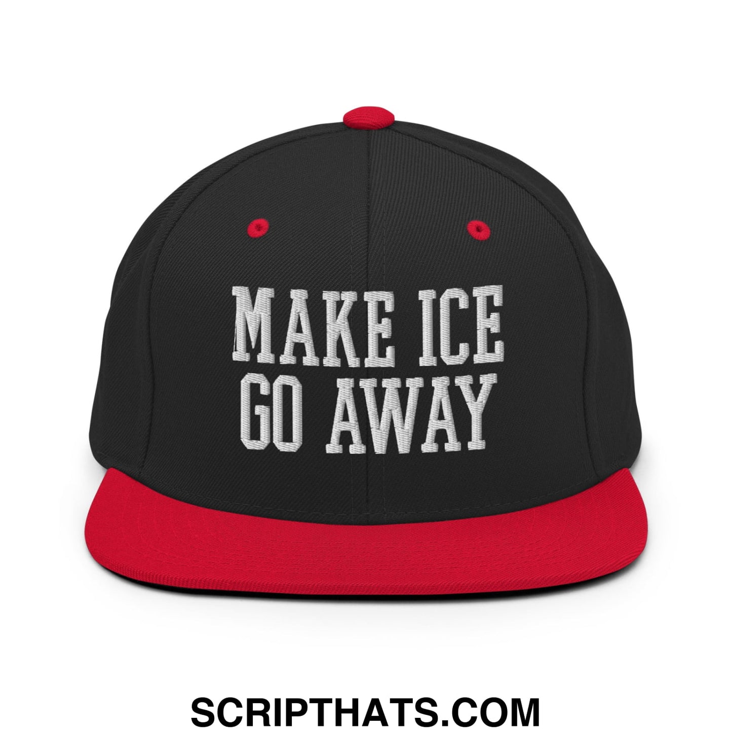 Black and red snapback hat with white embroidered make ice go away text and flat bill brim design