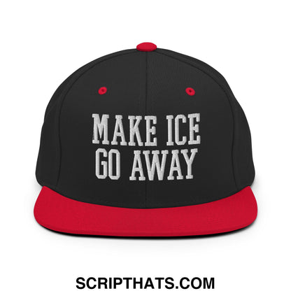 Black and red snapback hat with white embroidered make ice go away text and flat bill brim design