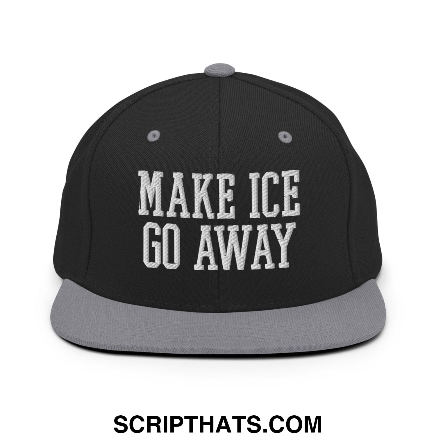 Black and gray flat bill brim snapback hat with white embroidered make ice go away text