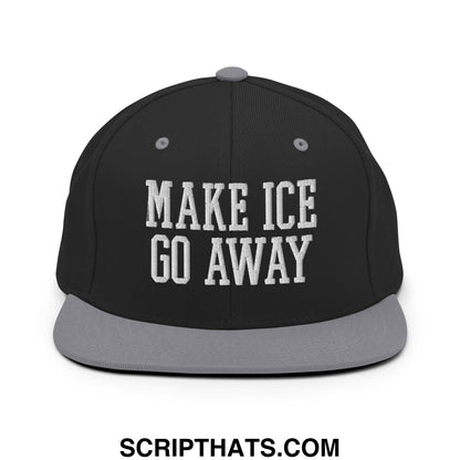 Black and gray flat bill brim snapback hat with white embroidered make ice go away text