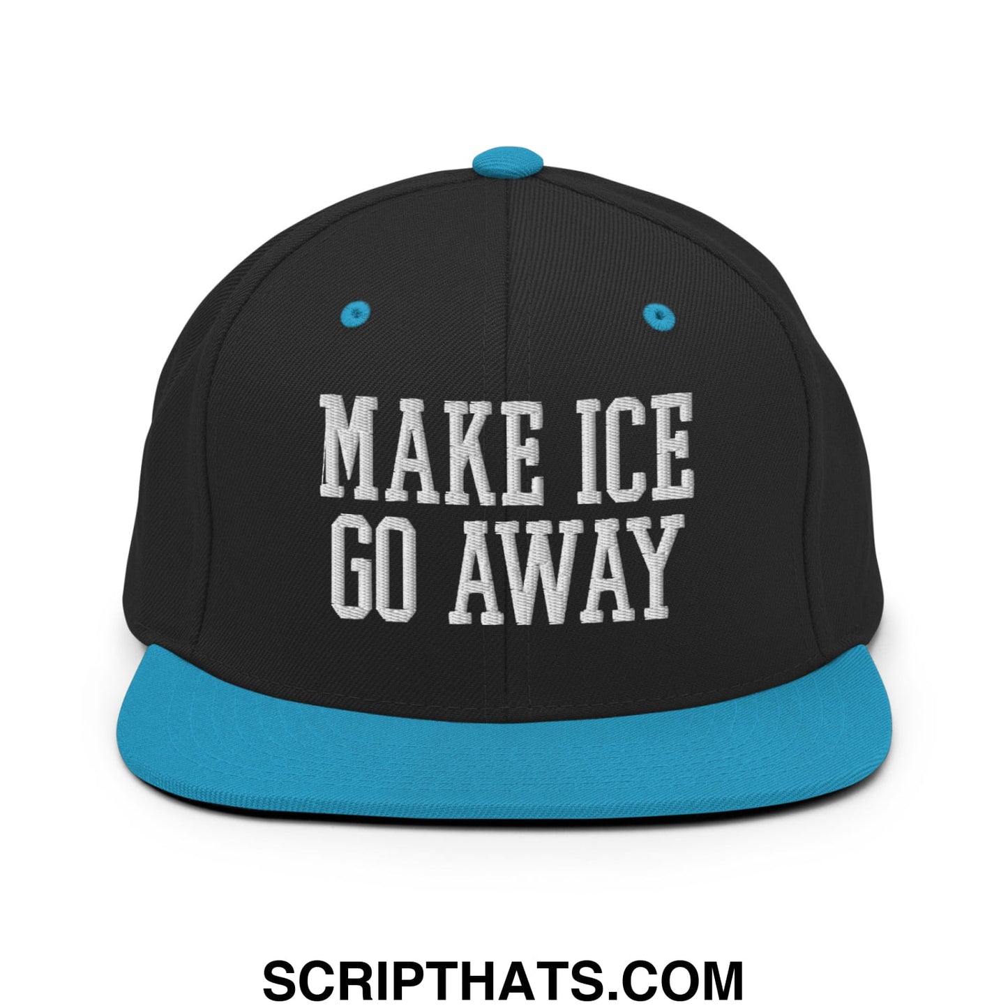 Black snapback cap with turquoise flat bill and white embroidered text make ice go away embroidered hat