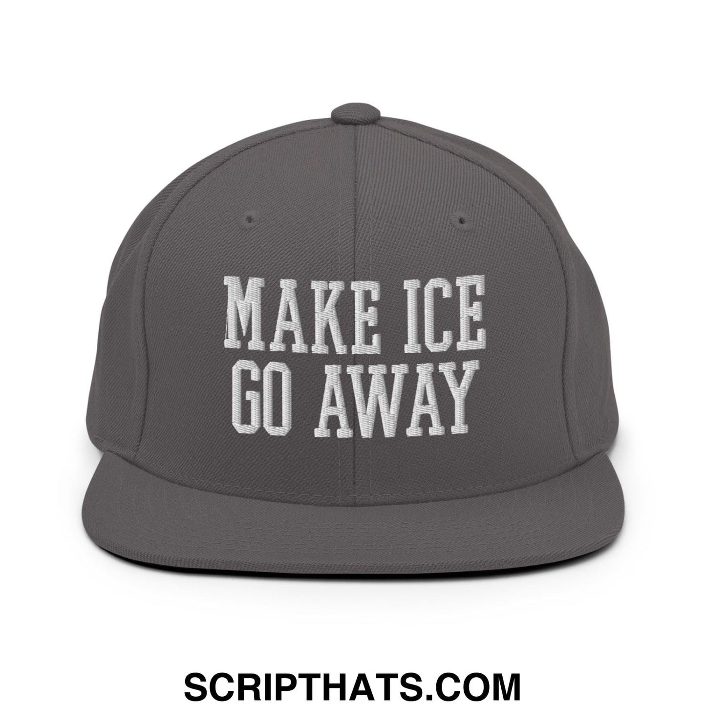 Gray flat bill brim snapback hat with white embroidered make ice go away text for casual wear
