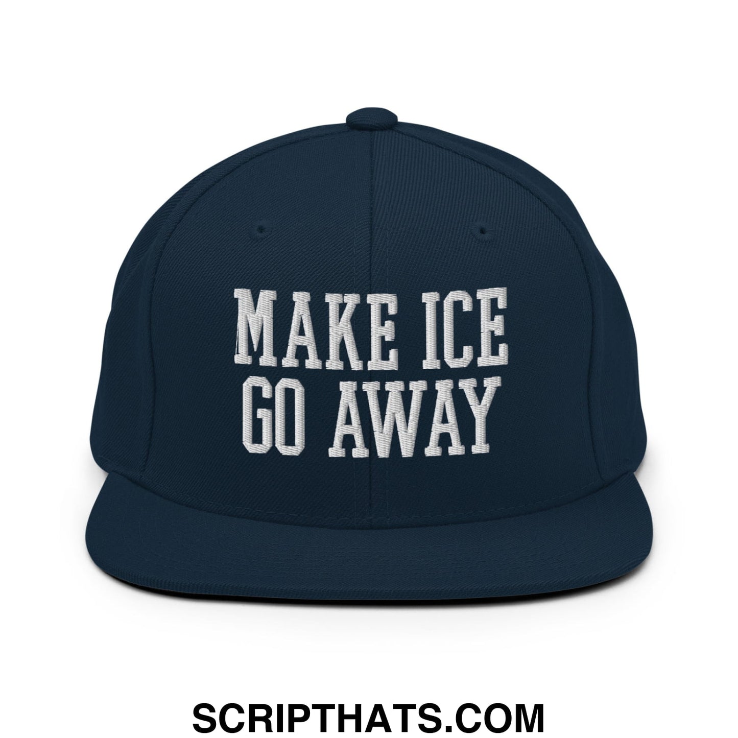 Navy blue snapback cap with white embroidered text make ice go away and flat bill brim style
