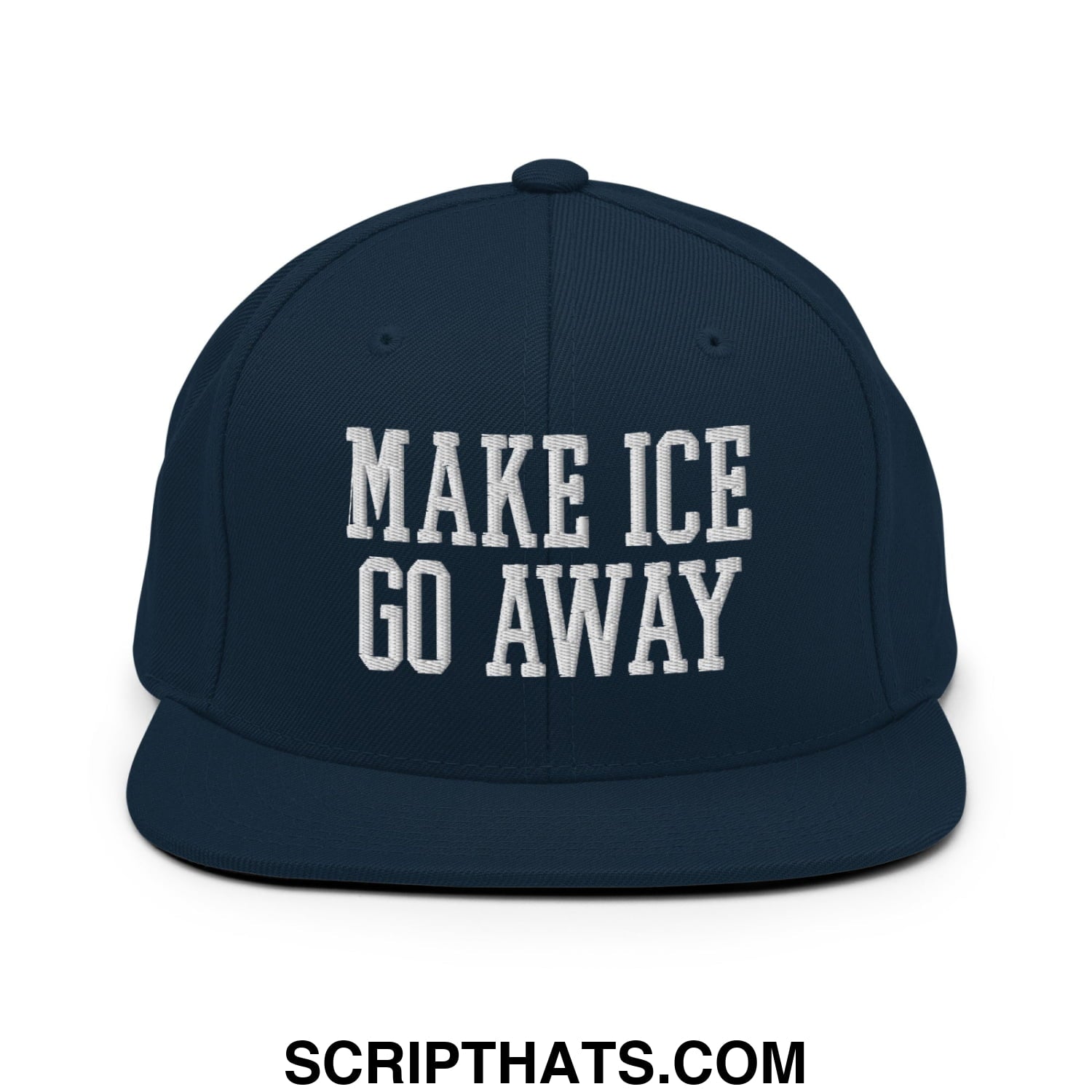 Navy blue snapback cap with white embroidered text make ice go away and flat bill brim style