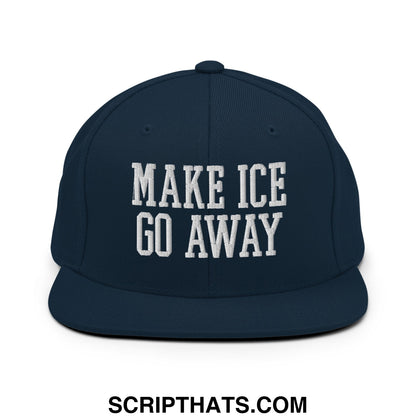 Navy blue snapback cap with white embroidered text make ice go away and flat bill brim style