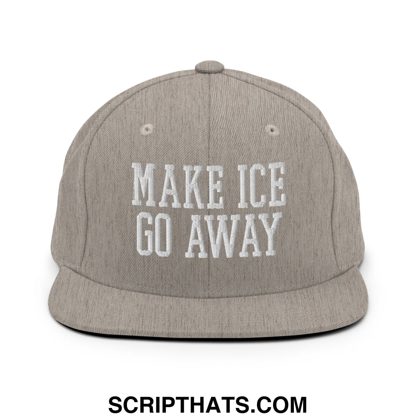 A gray snapback hat with white embroidered make ice go away text and a flat bill brim design