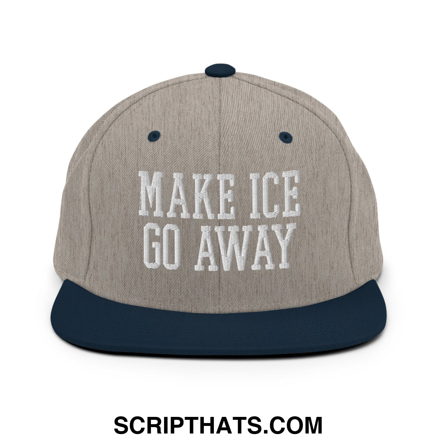 A gray and navy blue flat bill brim snapback hat with white embroidered make ice go away text