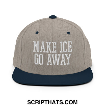 A gray and navy blue flat bill brim snapback hat with white embroidered make ice go away text