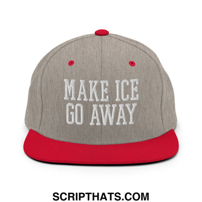 Gray and red snapback hat with white embroidered make ice go away text and flat bill brim design