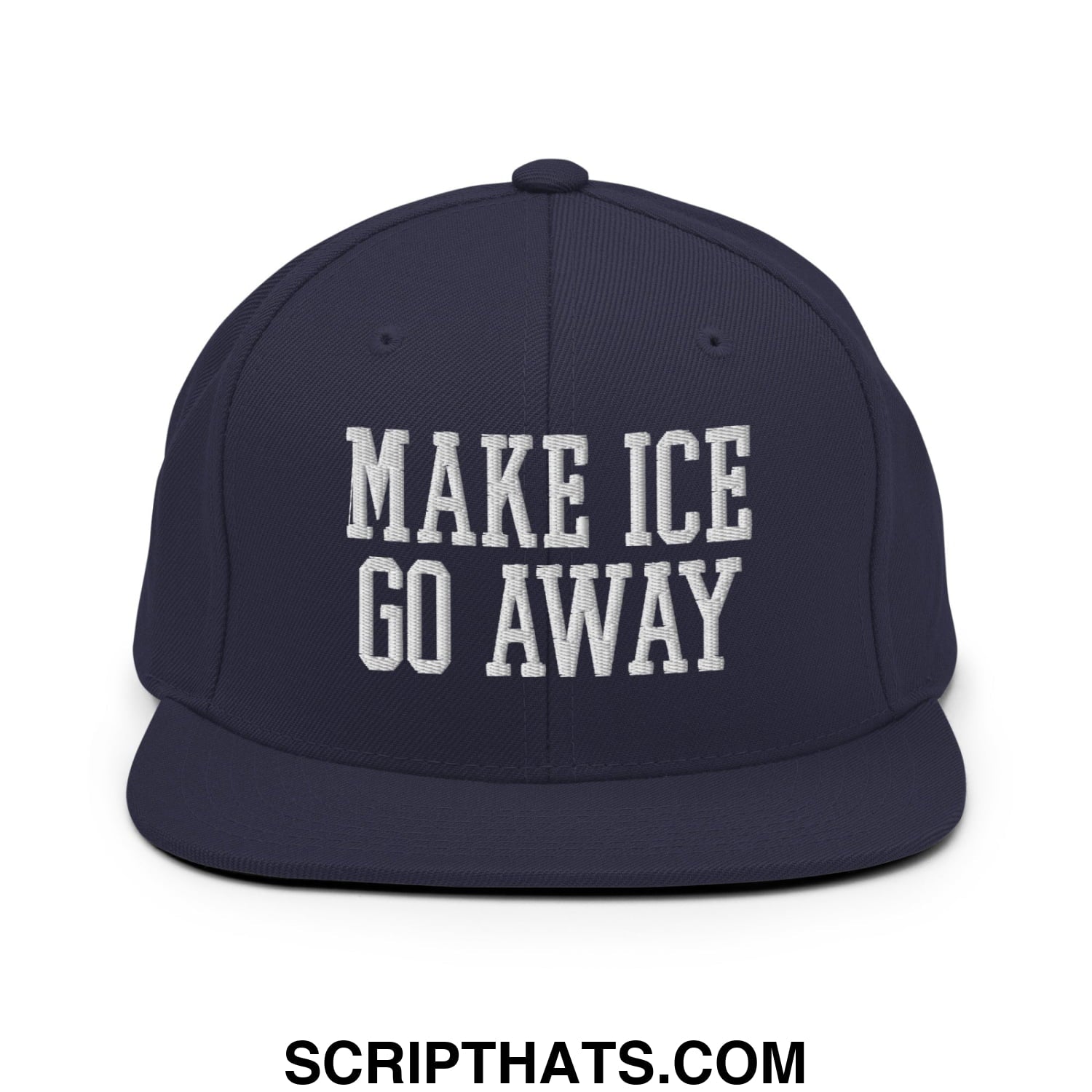 Navy blue flat bill snapback hat with white embroidered make ice go away text and adjustable closure
