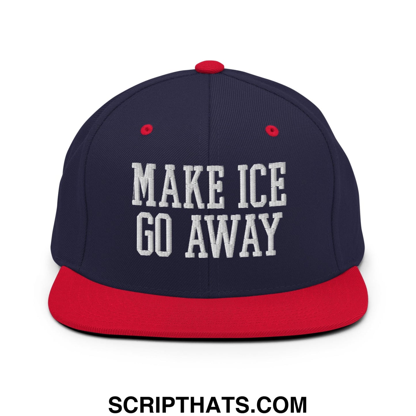 Navy blue and red snapback hat with white embroidered make ice go away text and flat bill brim design