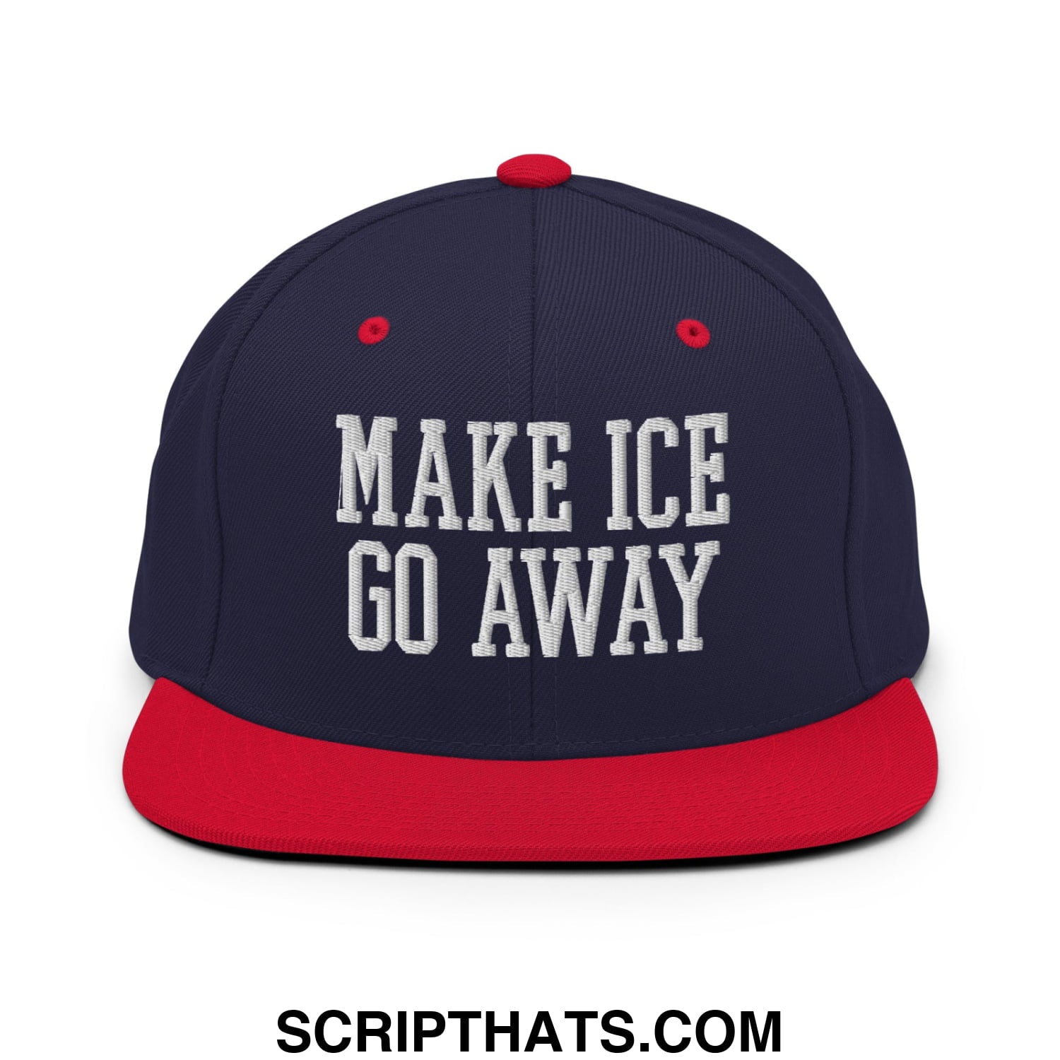 Navy blue and red snapback hat with white embroidered make ice go away text and flat bill brim design