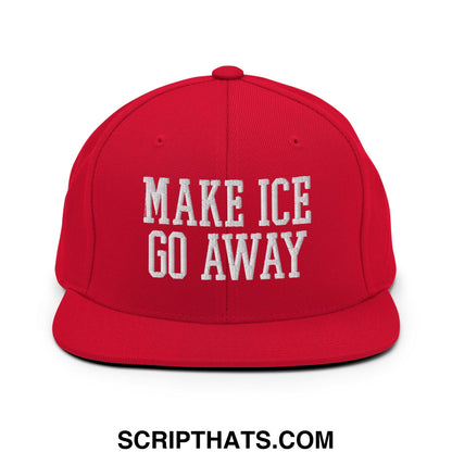Red snapback hat with flat bill brim made of fabric embroidered with white text saying make ice go away