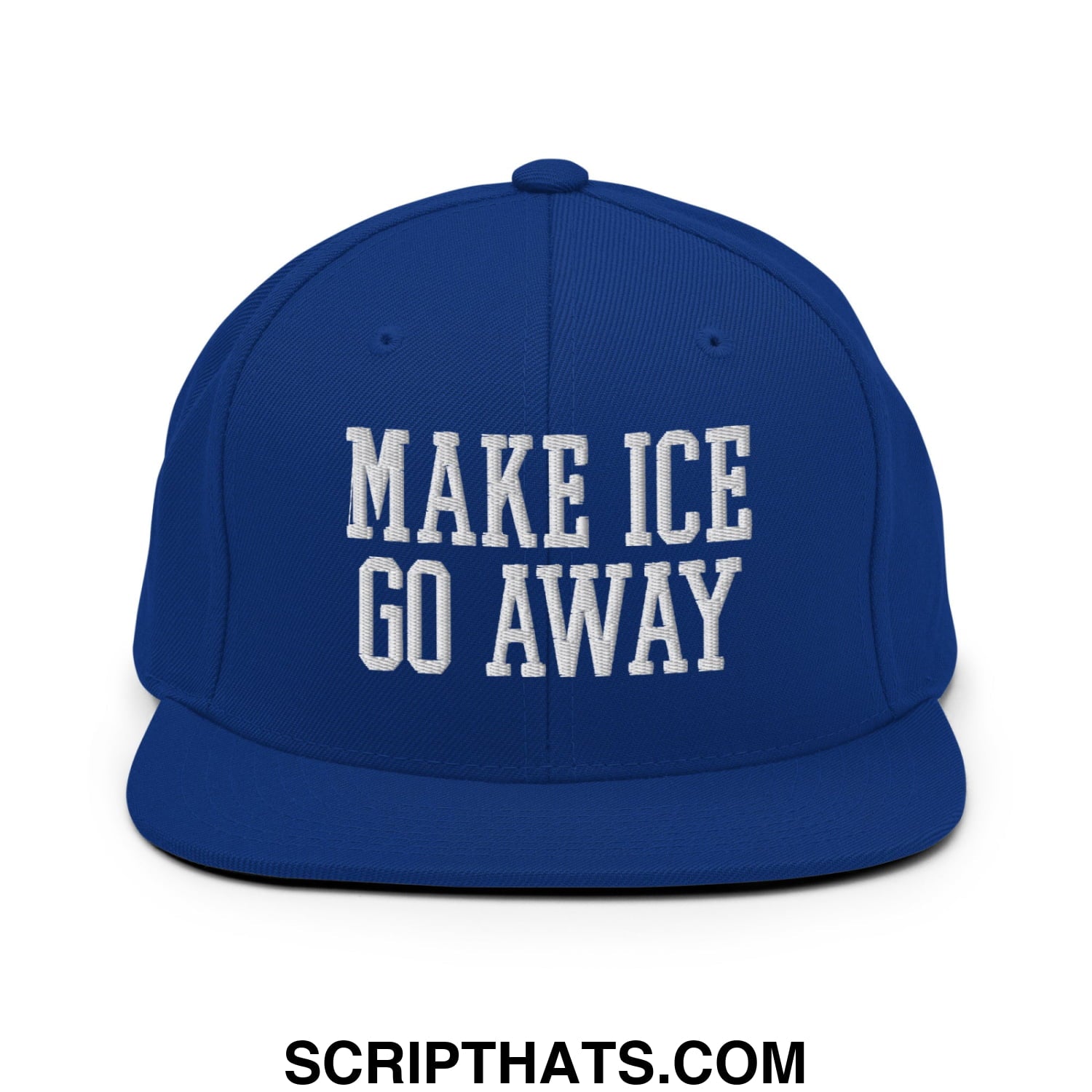 Royal blue flat bill snapback hat with white embroidered text make ice go away on the front panel