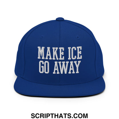Royal blue flat bill snapback hat with white embroidered text make ice go away on the front panel
