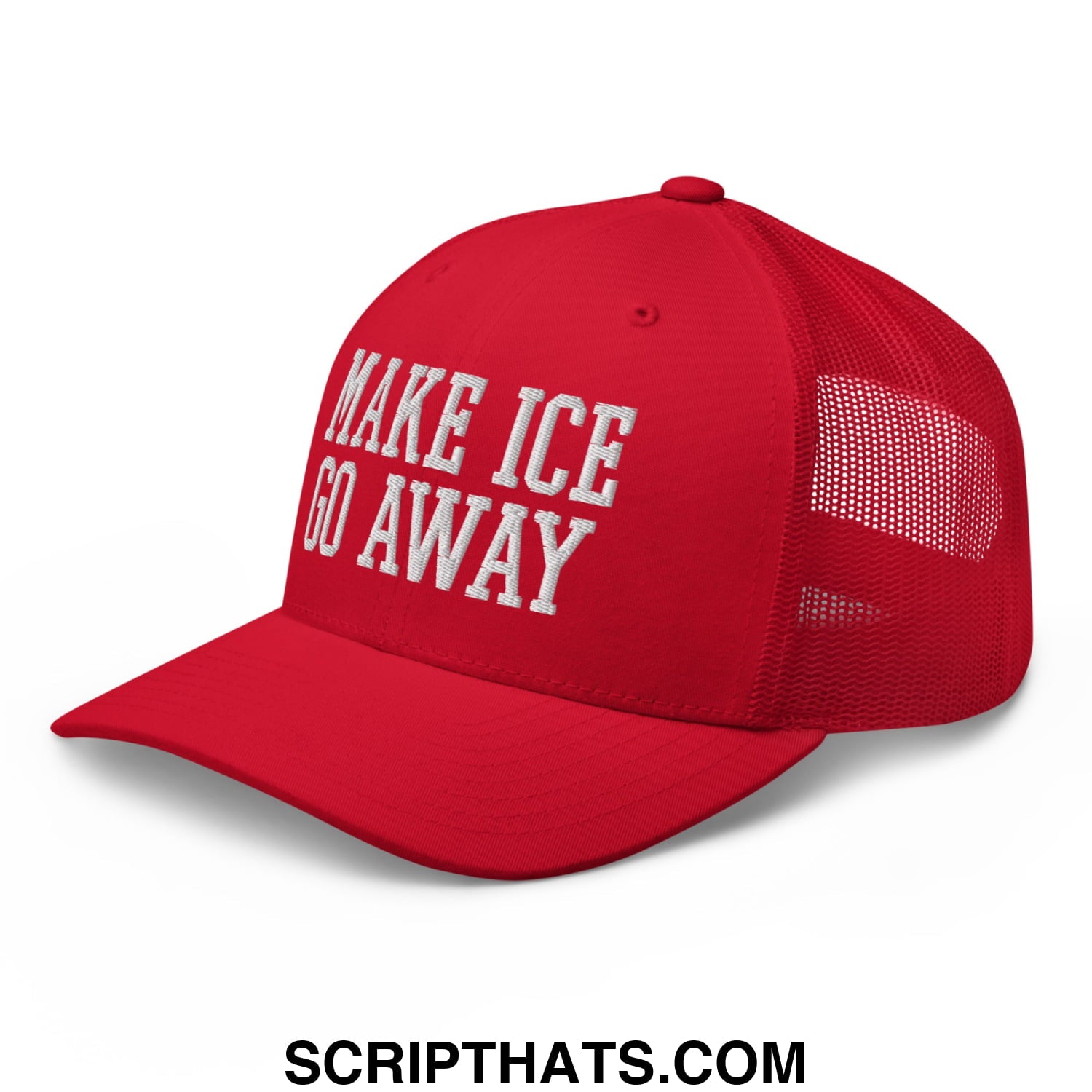 Red mesh trucker hat with white embroidered make ice go away text and breathable mesh back panel