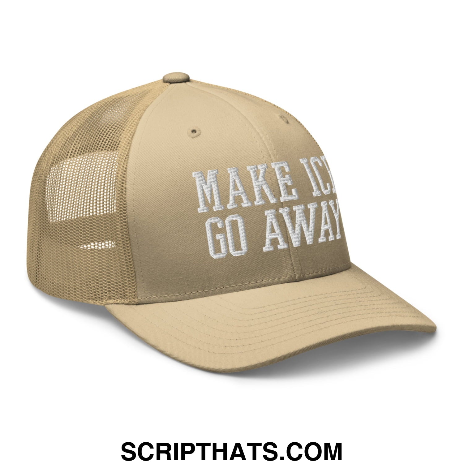 Beige mesh trucker hat with white embroidered make ice go away text on front panel for casual wear