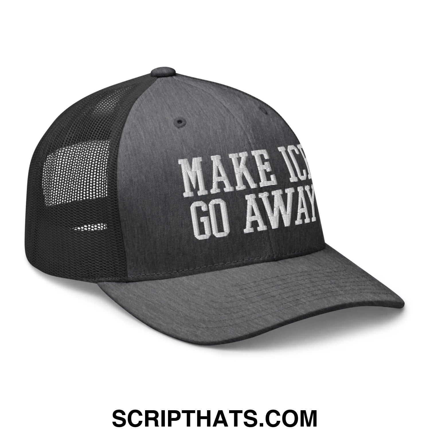 Black embroidered mesh trucker hat with white make ice go away text on front panel