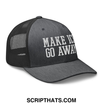 Black embroidered mesh trucker hat with white make ice go away text on front panel