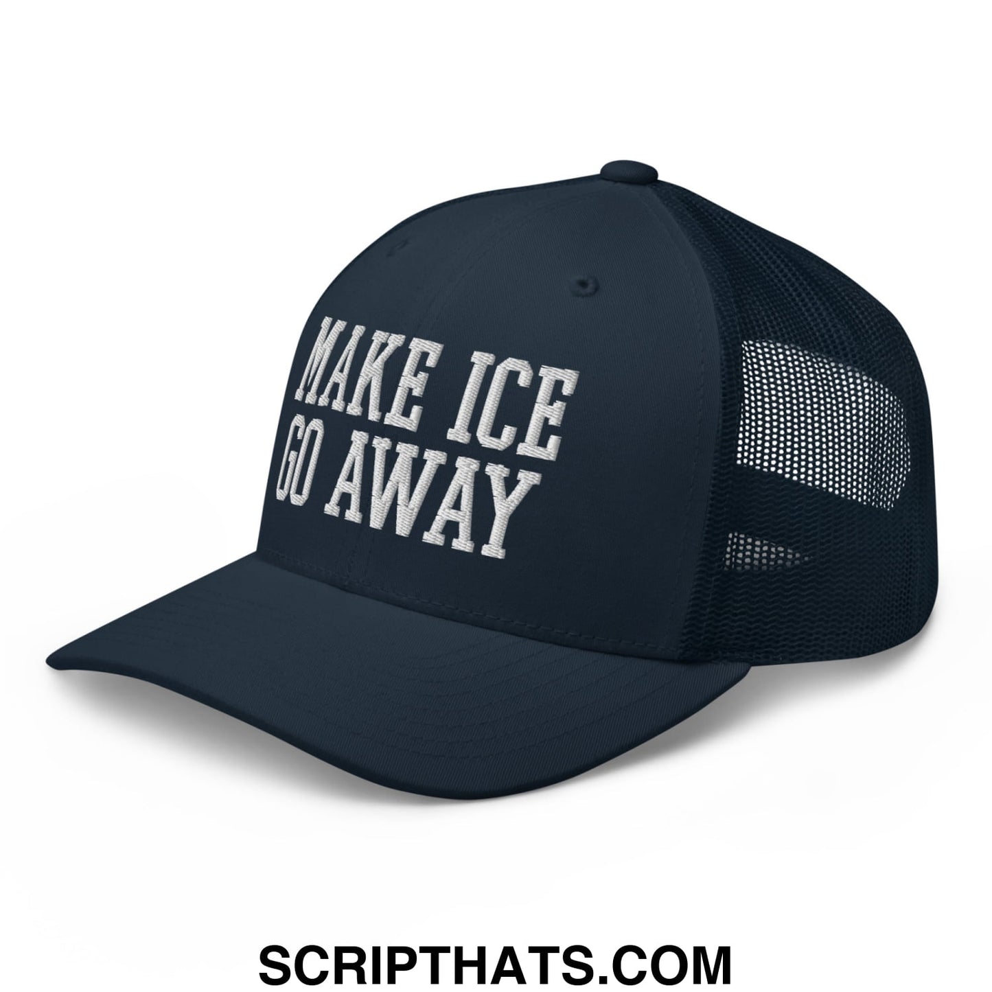 Dark navy mesh trucker hat with white embroidered make ice go away text on front perfect for casual wear