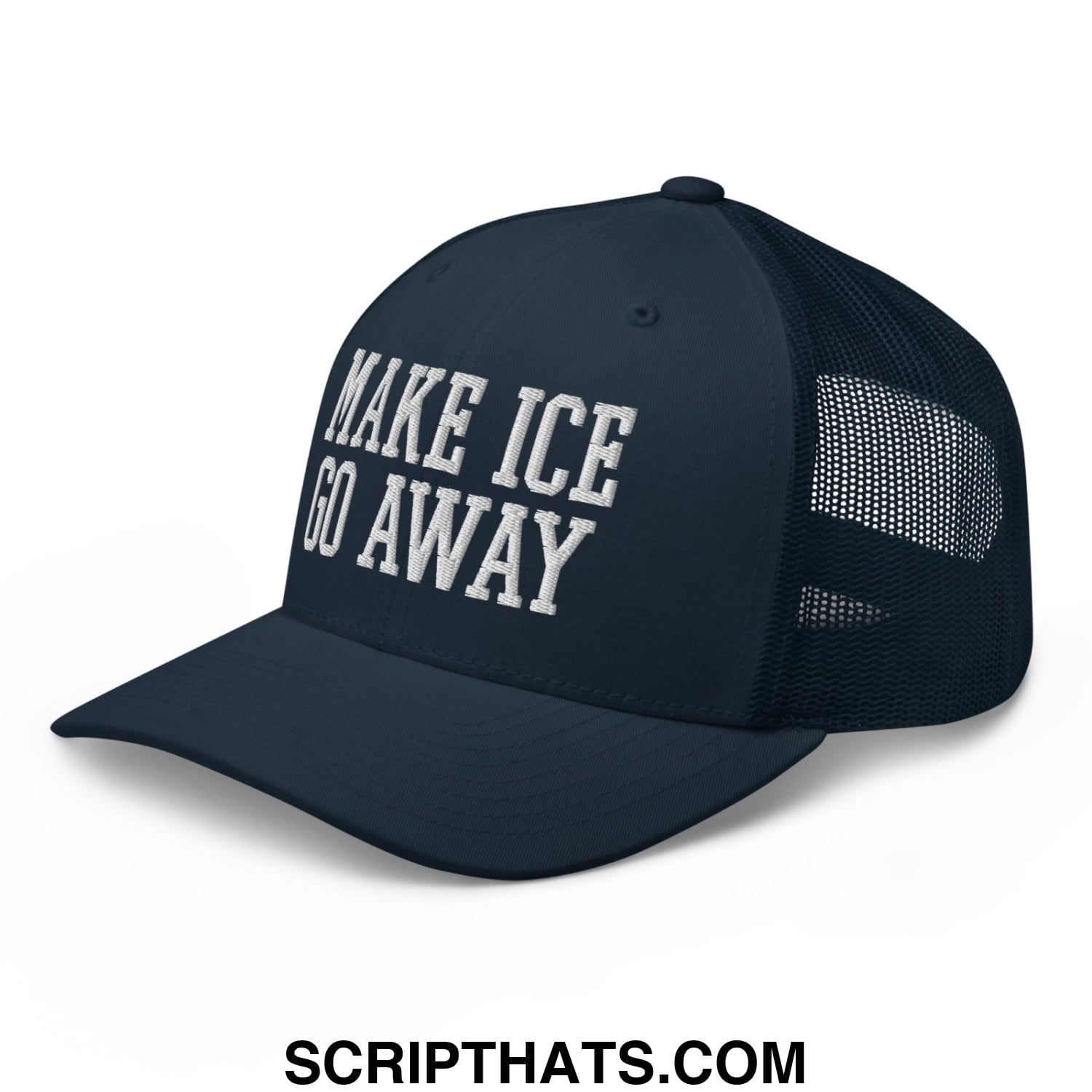 Dark navy mesh trucker hat with white embroidered make ice go away text on front perfect for casual wear