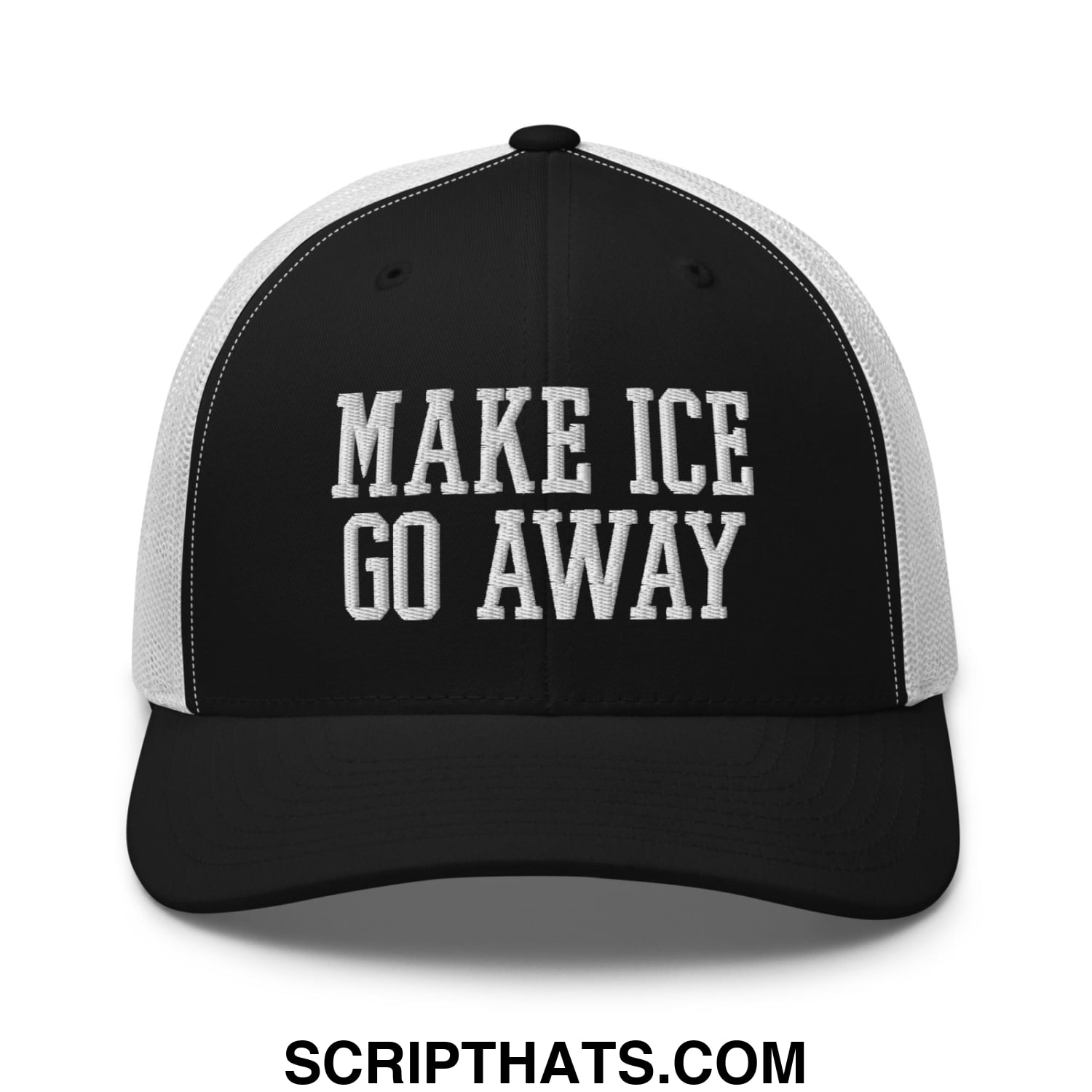 Black and white mesh trucker hat with Make Ice Go Away embroidered text in bold block font