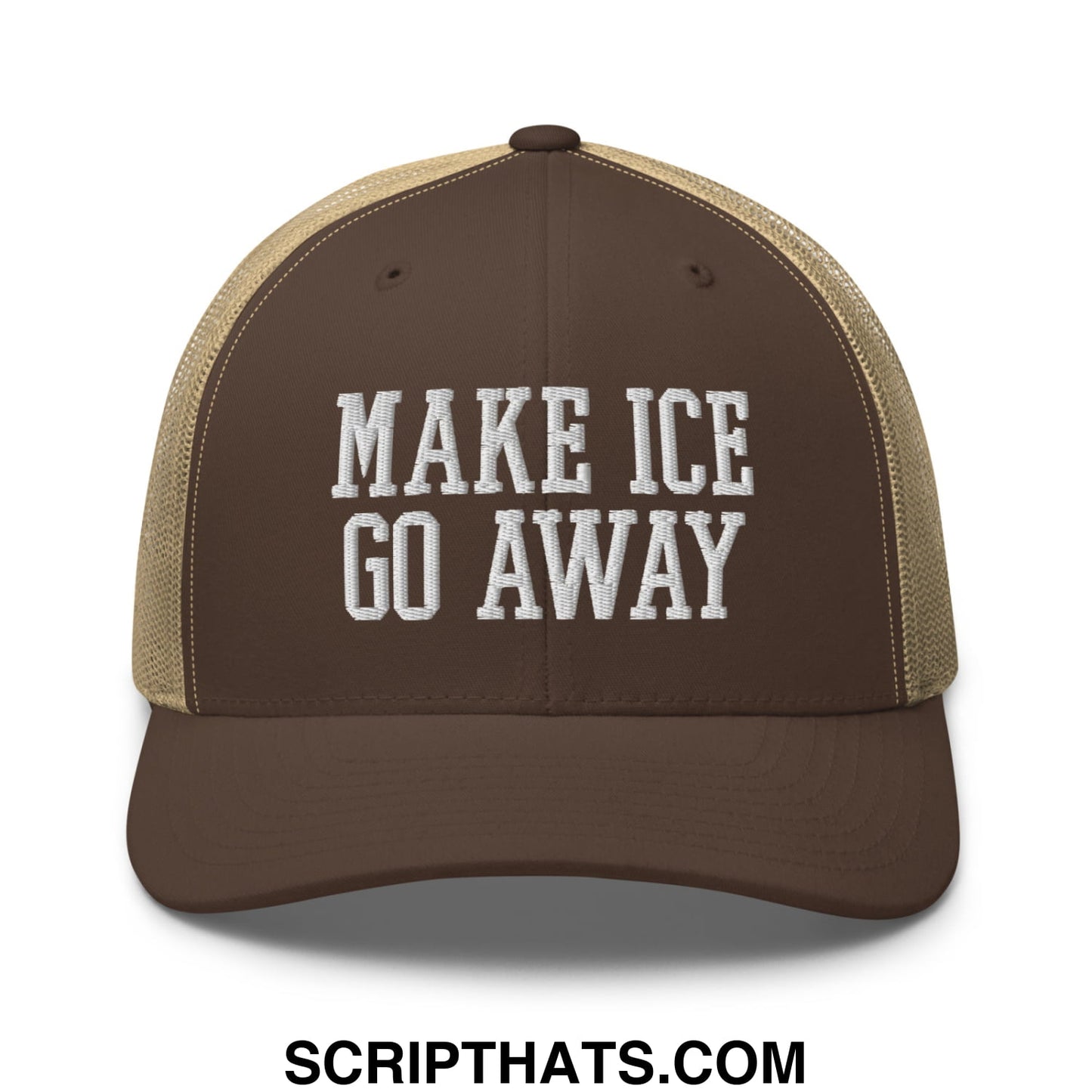 Brown and tan mesh trucker hat with white embroidered text make ice go away for casual outdoor wear