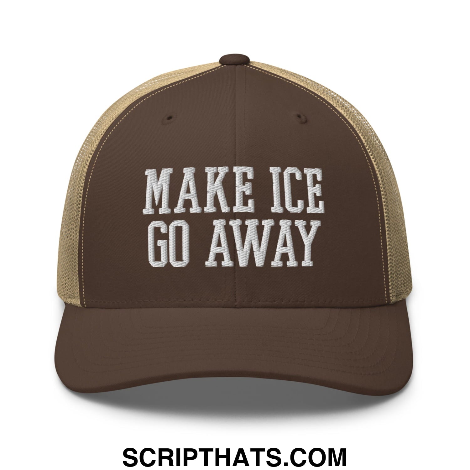Brown and tan mesh trucker hat with white embroidered text make ice go away for casual outdoor wear