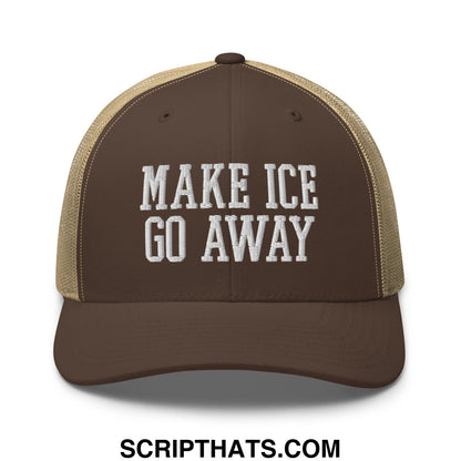 Brown and tan mesh trucker hat with white embroidered text make ice go away for casual outdoor wear