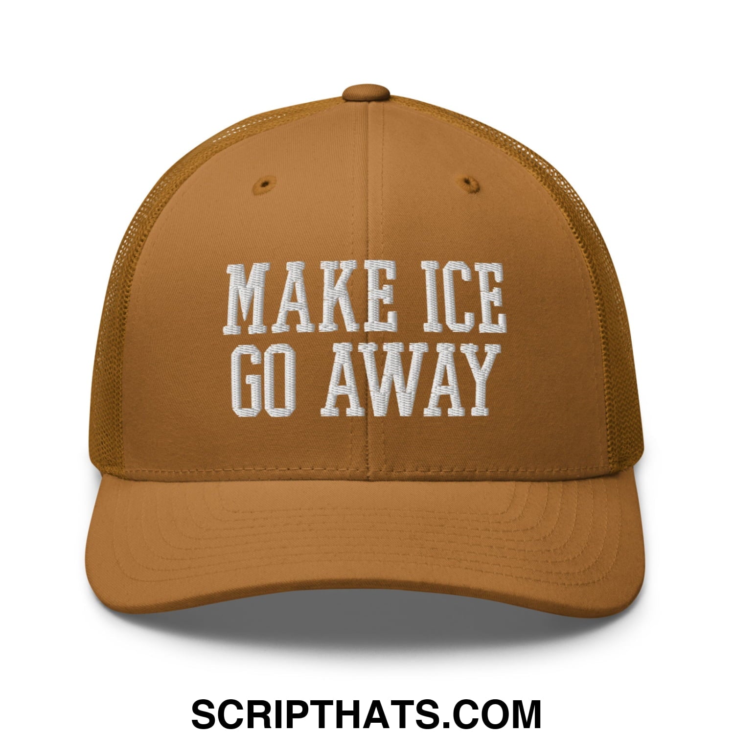 Tan mesh trucker hat with white embroidered make ice go away text on front panel for casual outdoor wear