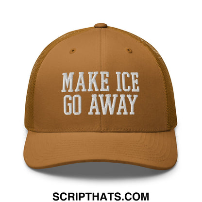 Tan mesh trucker hat with white embroidered make ice go away text on front panel for casual outdoor wear