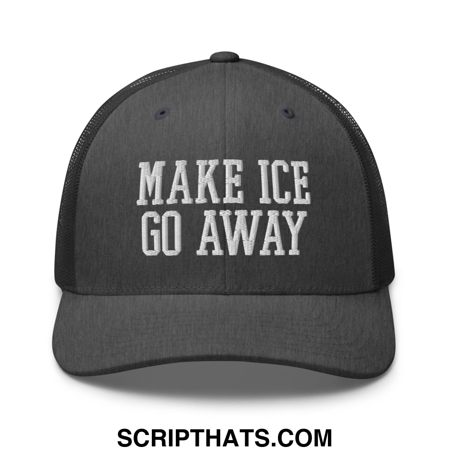Black embroidered mesh trucker hat with white make ice go away text across the front panel