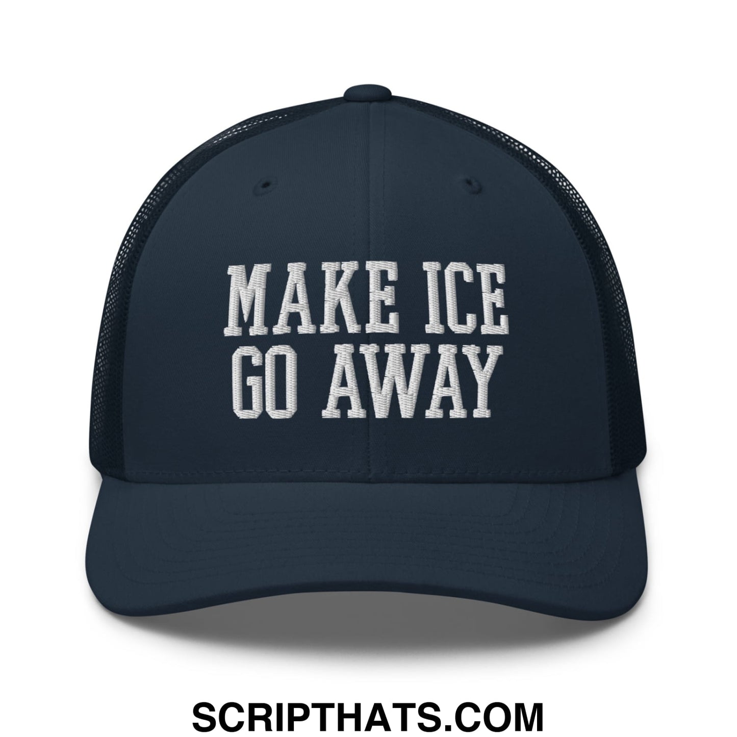 Dark navy mesh trucker hat with white embroidered make ice go away text on front panel