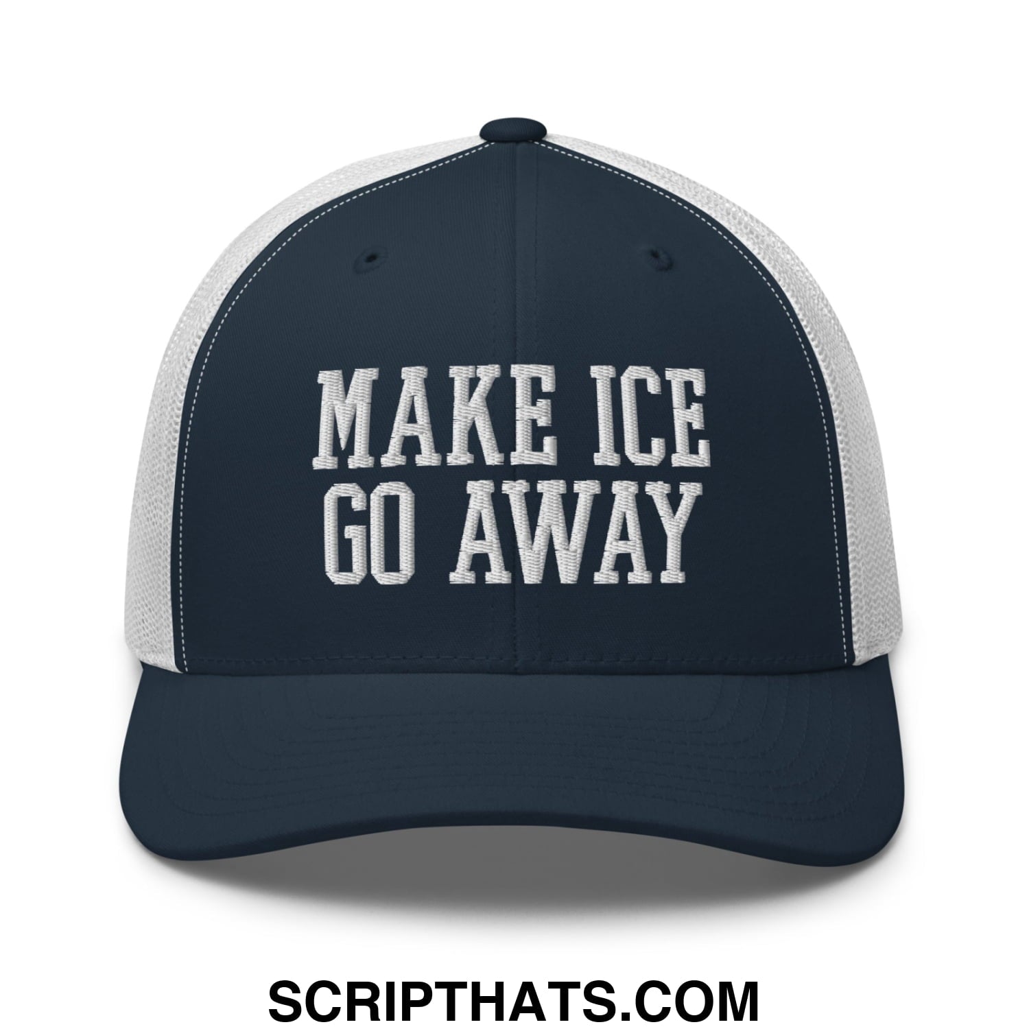 Navy blue and white mesh trucker hat with embroidered make ice go away text in bold blocky font