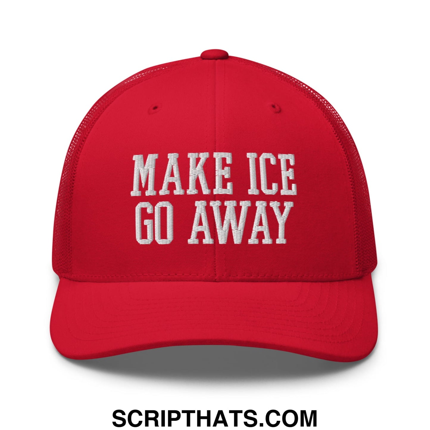 Red mesh trucker hat with white embroidered make ice go away text on the front panel for casual wear