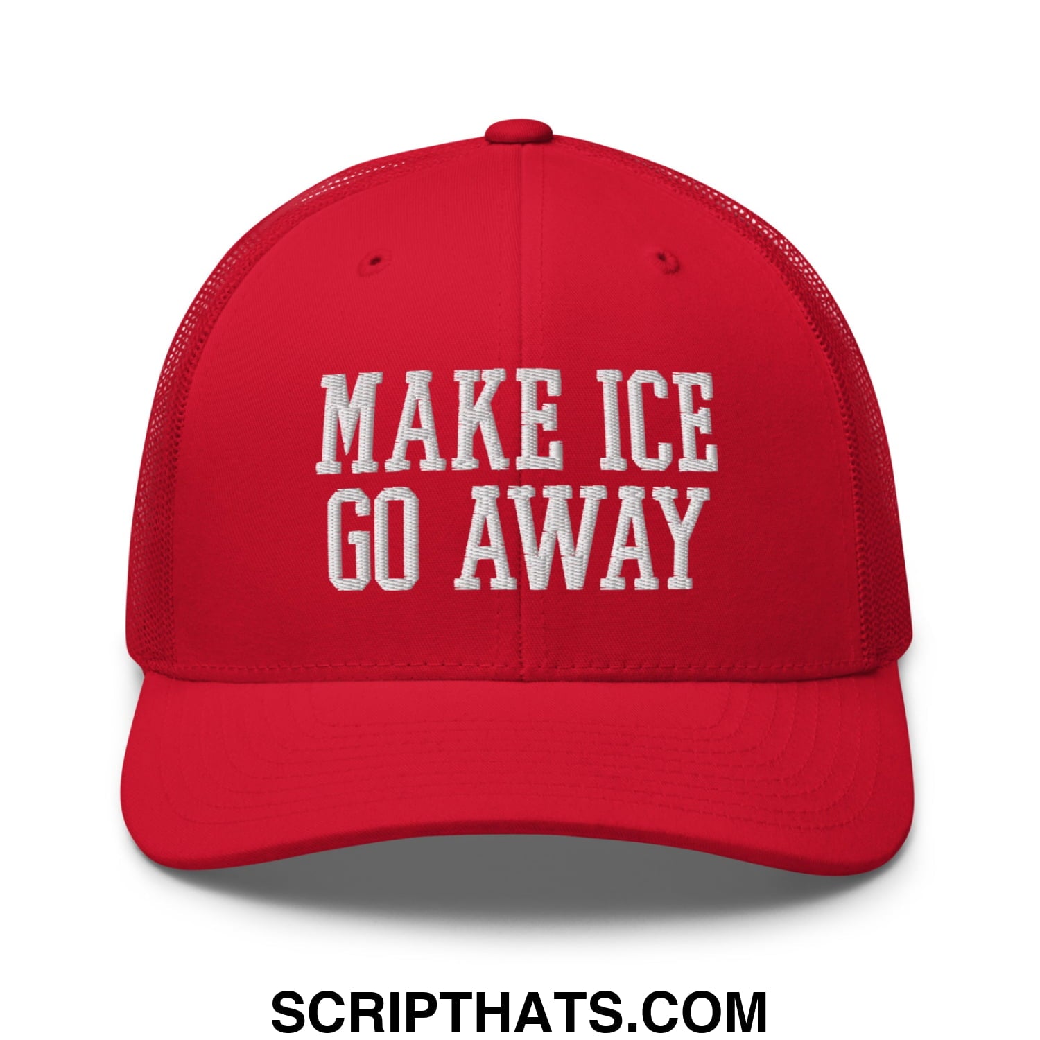 Red mesh trucker hat with white embroidered make ice go away text on the front panel for casual wear