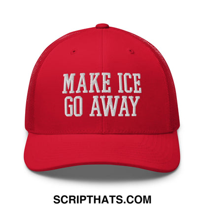 Red mesh trucker hat with white embroidered make ice go away text on the front panel for casual wear