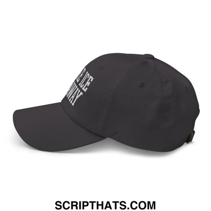 Black unstructured dad hat with white embroidered joe way text on the side from make ice go away collection