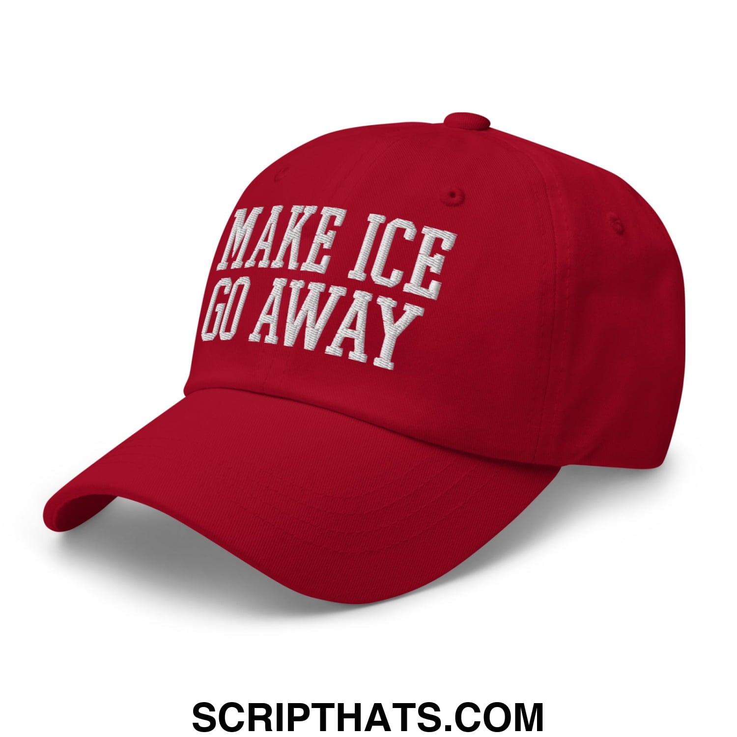 Red unstructured dad hat with white embroidered make ice go away text perfect for casual outdoor wear