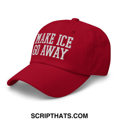 Red unstructured dad hat with white embroidered make ice go away text perfect for casual outdoor wear