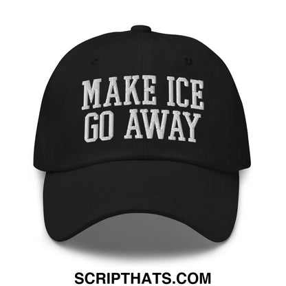 Black unstructured dad hat with white embroidered text make ice go away suitable for casual wear