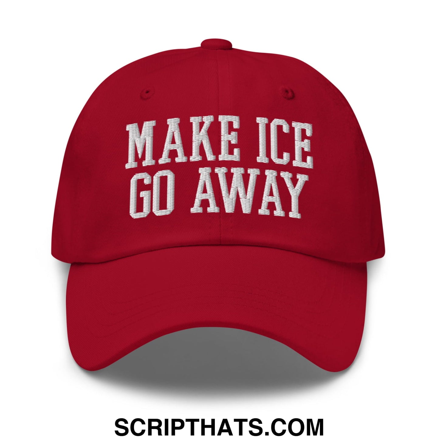 Red embroidered unstructured dad hat with white make ice go away text perfect for casual outdoor wear
