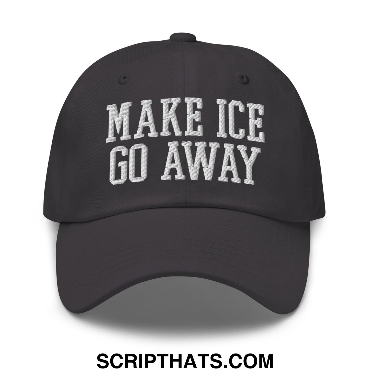 Black unstructured dad hat with white embroidered text make ice go away for casual outdoor wear