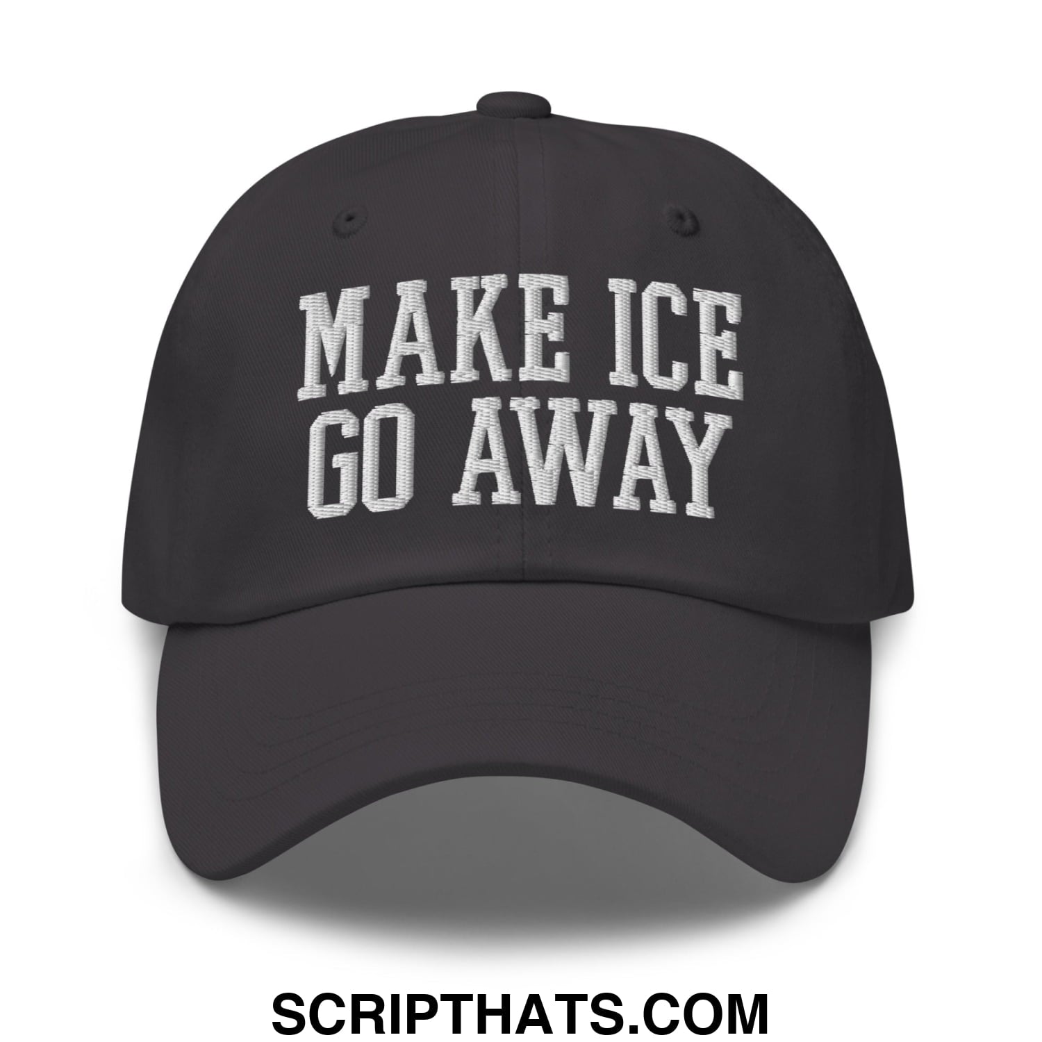 Black unstructured dad hat with white embroidered text make ice go away for casual outdoor wear