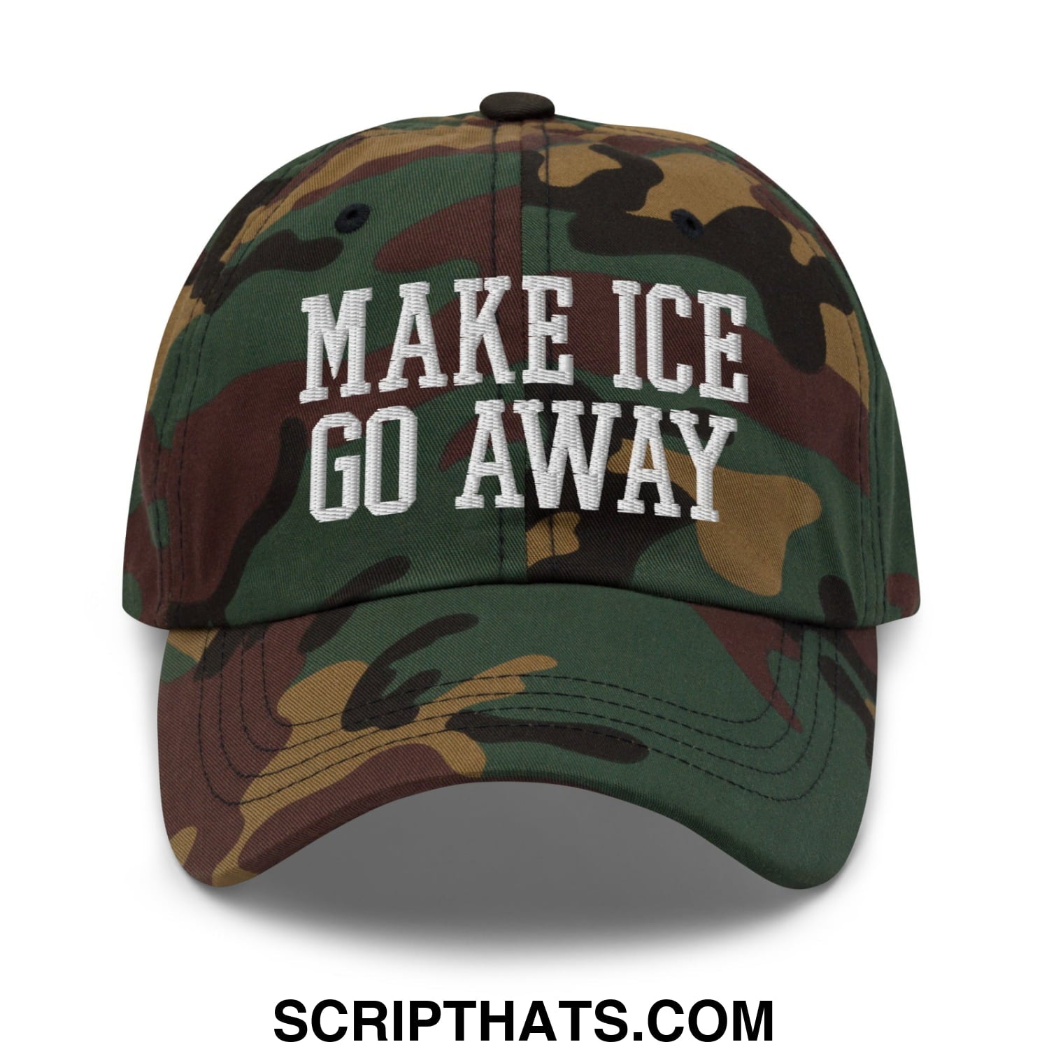 A camouflage unstructured dad hat with white embroidered text make ice go away across the front panel