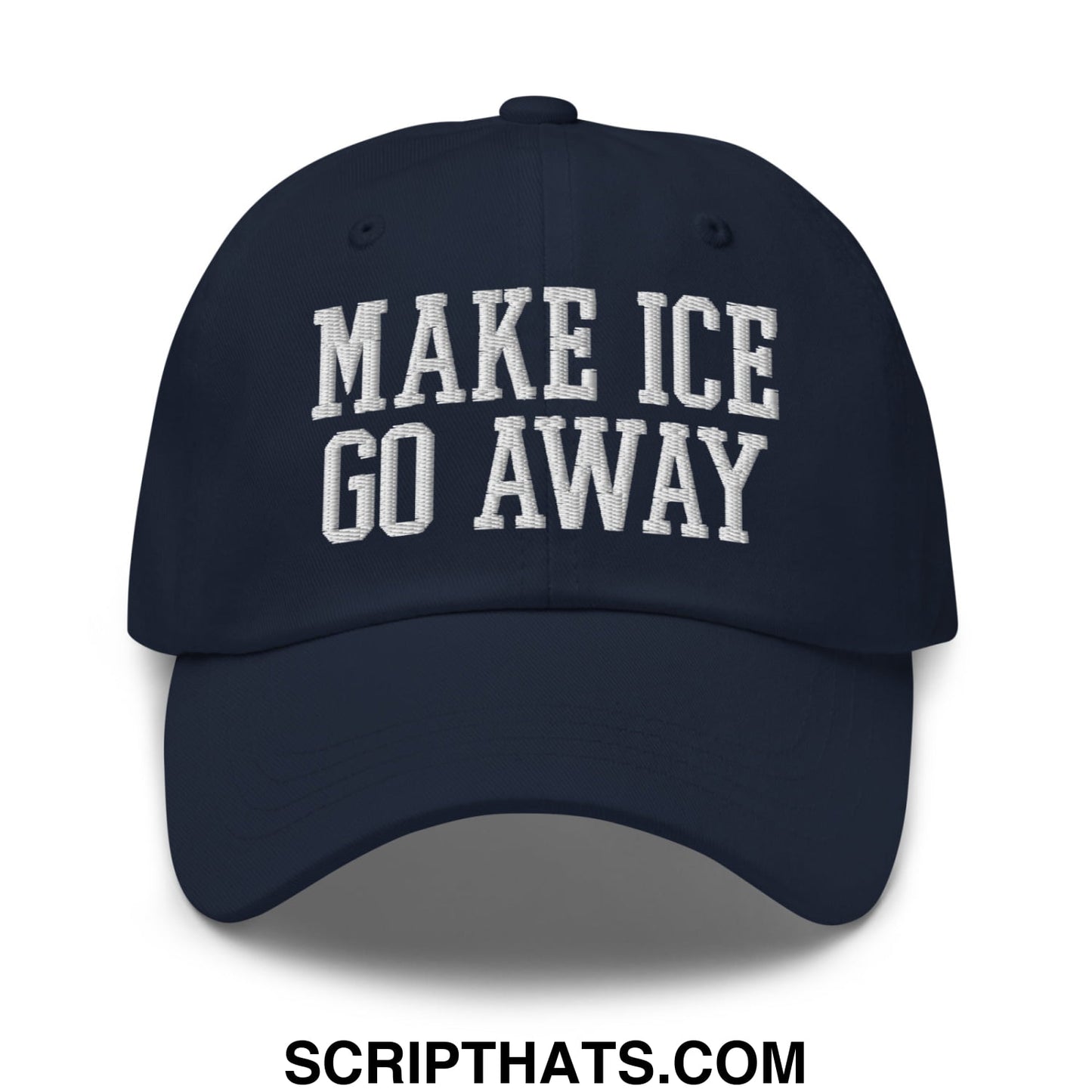 Navy blue unstructured dad hat with white embroidered make ice go away text for casual outdoor wear