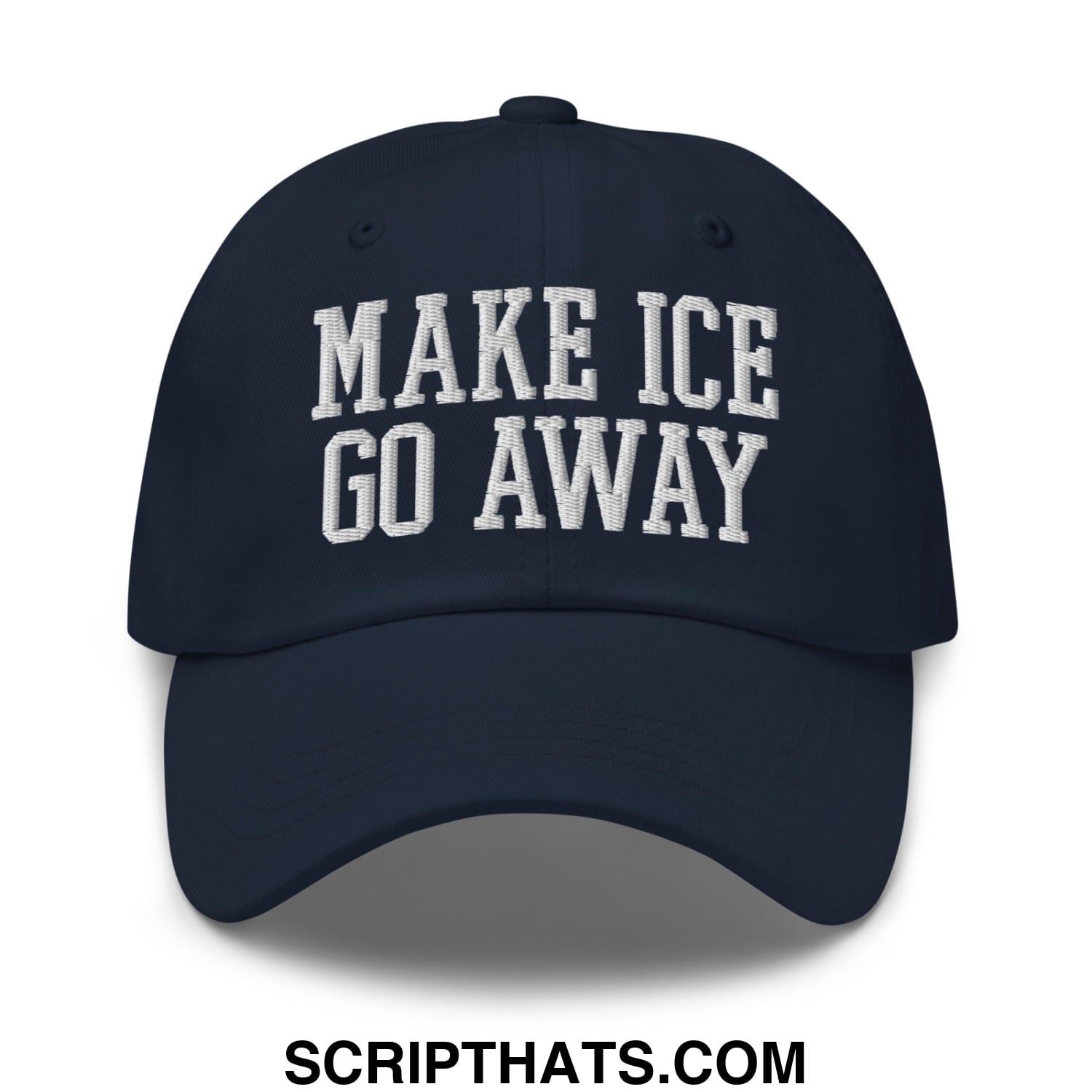 Navy blue unstructured dad hat with white embroidered make ice go away text for casual outdoor wear