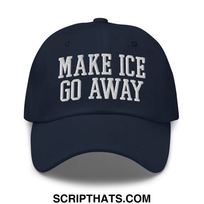 Navy blue unstructured dad hat with white embroidered make ice go away text for casual outdoor wear