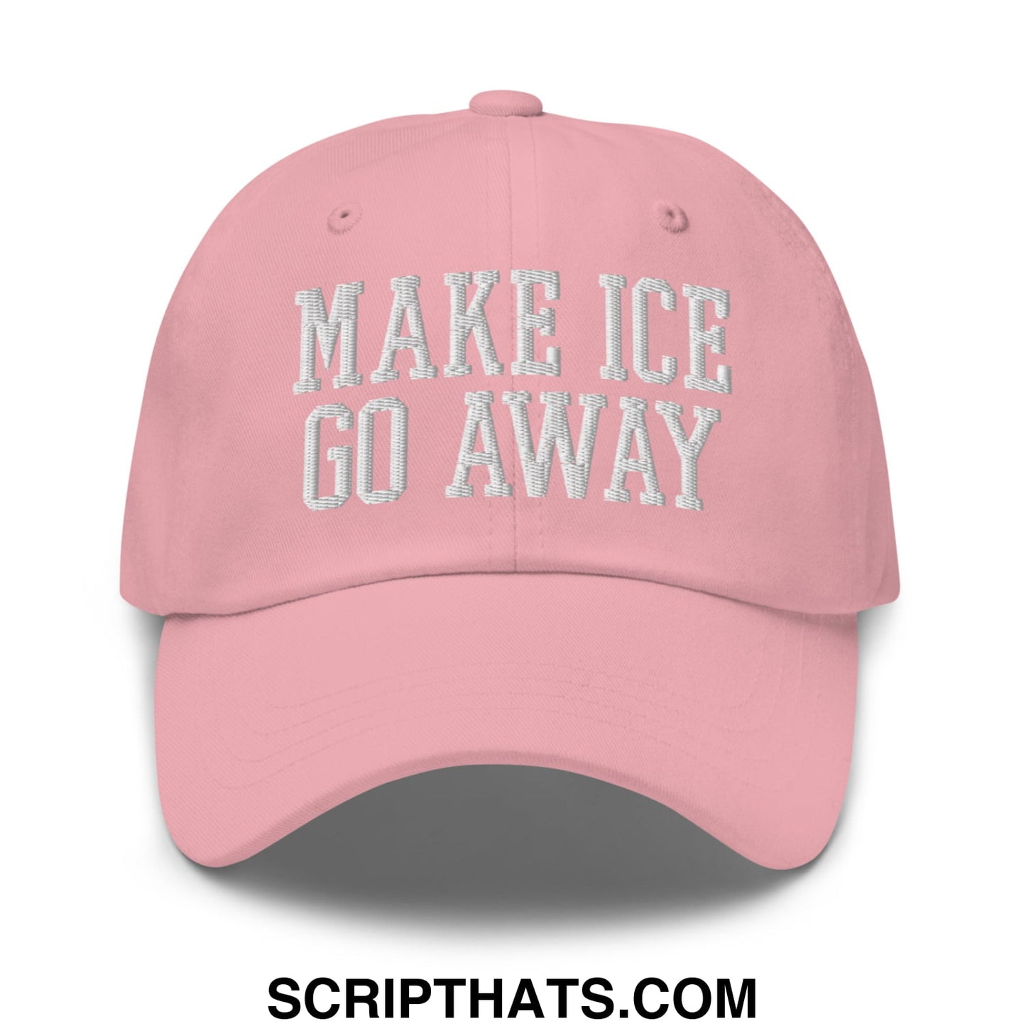 A soft pink unstructured dad hat with make ice go away embroidered in textured silver thread across the front